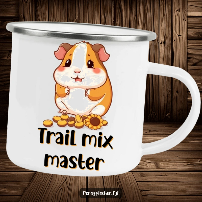 Funny guinea pig camping mug, a contented character arranging seeds, durable and humorous for outdoor use.