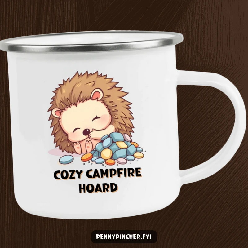 Funny camping mug with a contented hedgehog character curled up with shiny objects, perfect for your next cozy adventure.