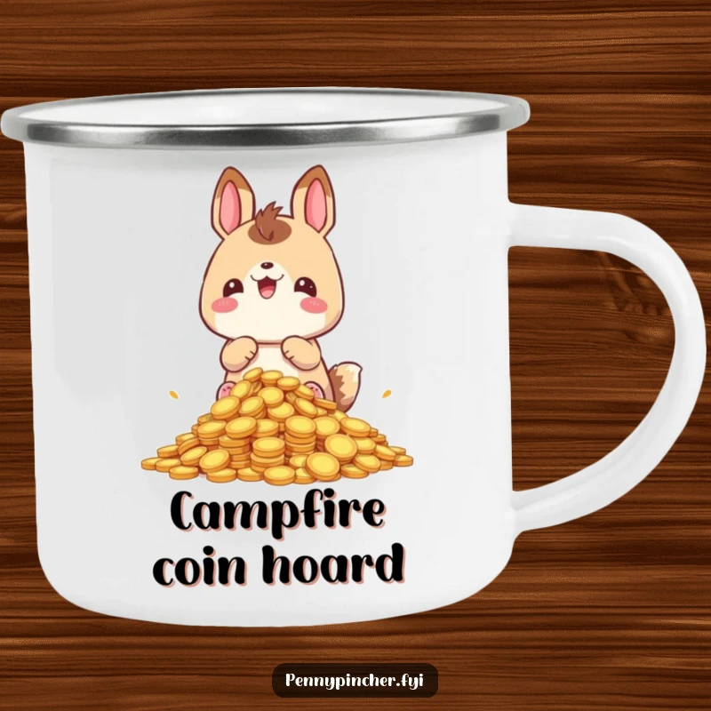 Funny hoarding animal camping mug, contentedly sitting on a pile of coins in the wilderness, a humorous and durable vessel.