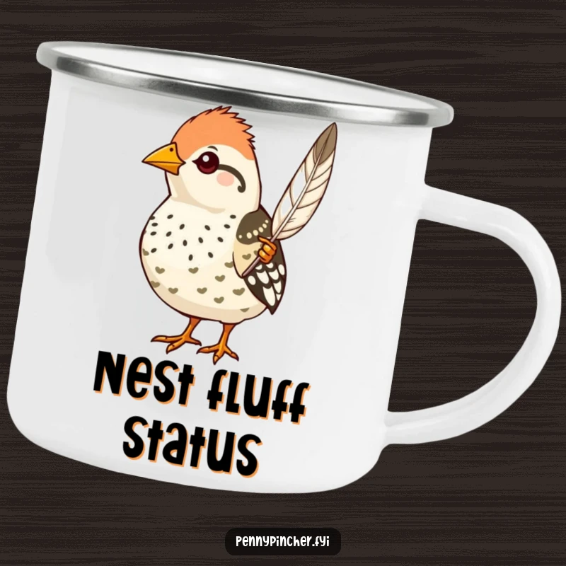 Funny quail camping mug, a proud character displaying a feather, durable and humorous for outdoor use.