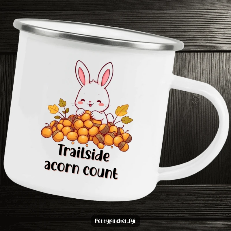 Funny Rabbit Camping Mug: Shows a happy rabbit character counting golden acorns, perfect for outdoor enjoyment.