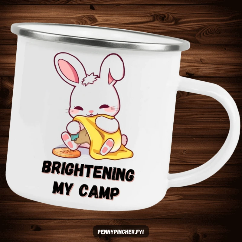 Funny camping mug with a rabbit character meticulously polishing a shiny penny, rugged and humorous.