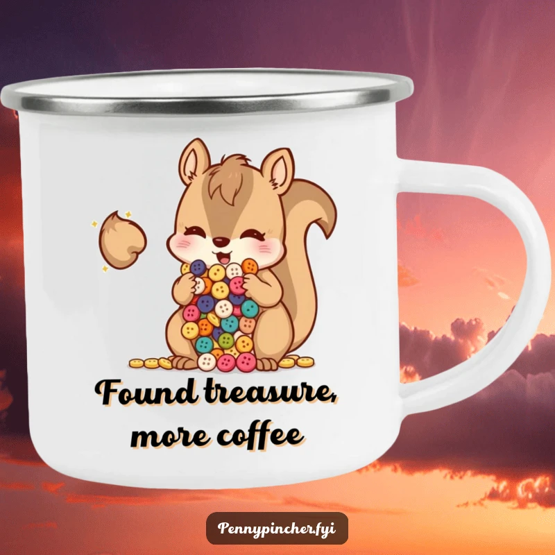 Funny squirrel with cheeks stuffed full of shiny buttons on an enamel camping mug, designed for outdoor hoarding.
