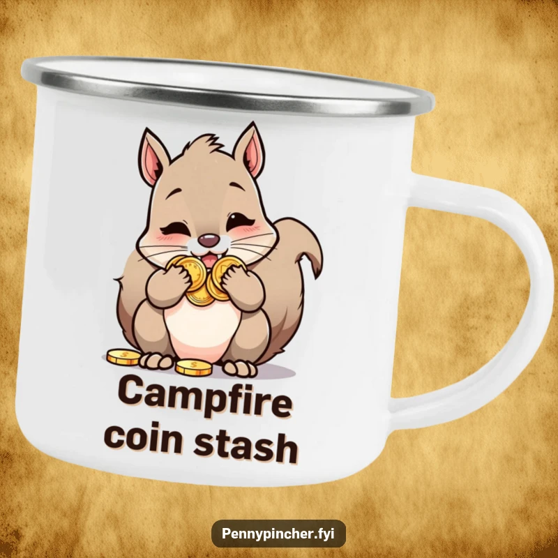 Funny Squirrel Camping Mug: Shows a squirrel character stuffing its cheeks full of shiny coins, great for outdoor hoarding.