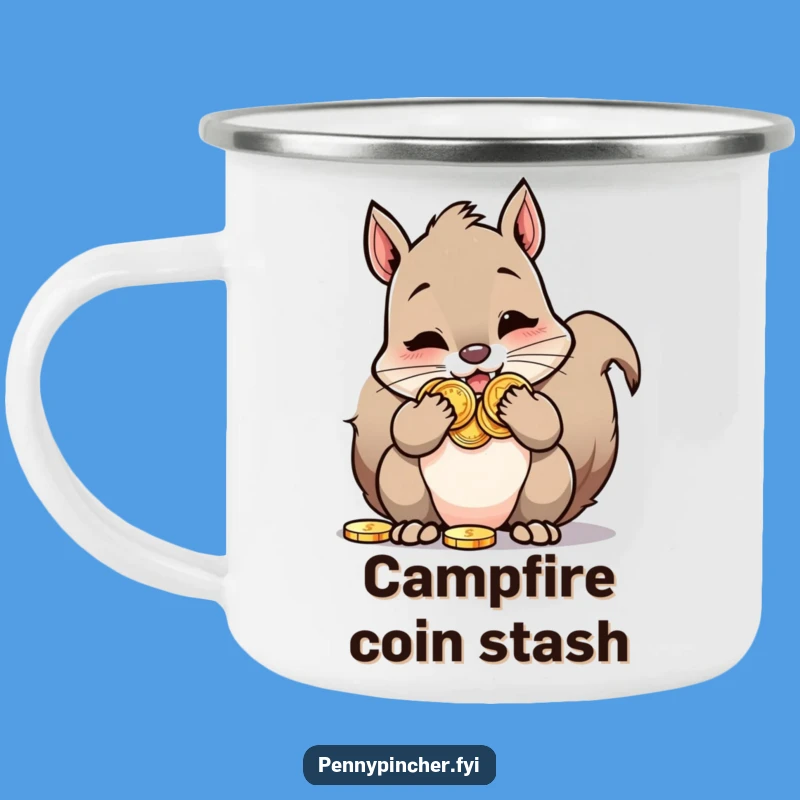 Funny Squirrel Camping Mug: Hoarding squirrel w/ coins, perfect outdoor funny gift.