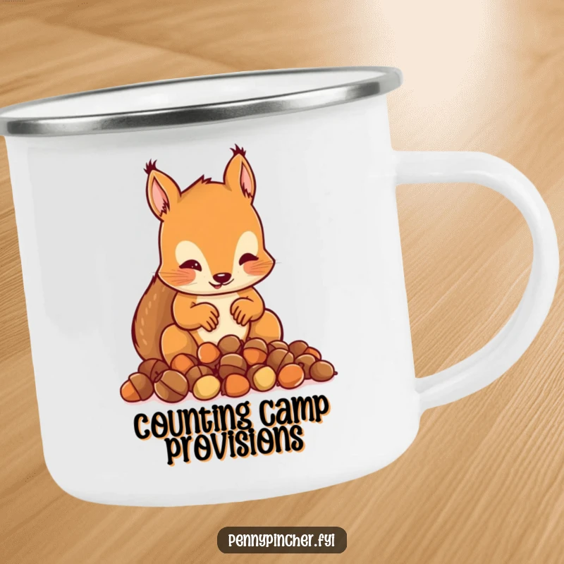 Funny camping mug with a squirrel character meticulously counting a small pile of acorns, ready for outdoor challenges.