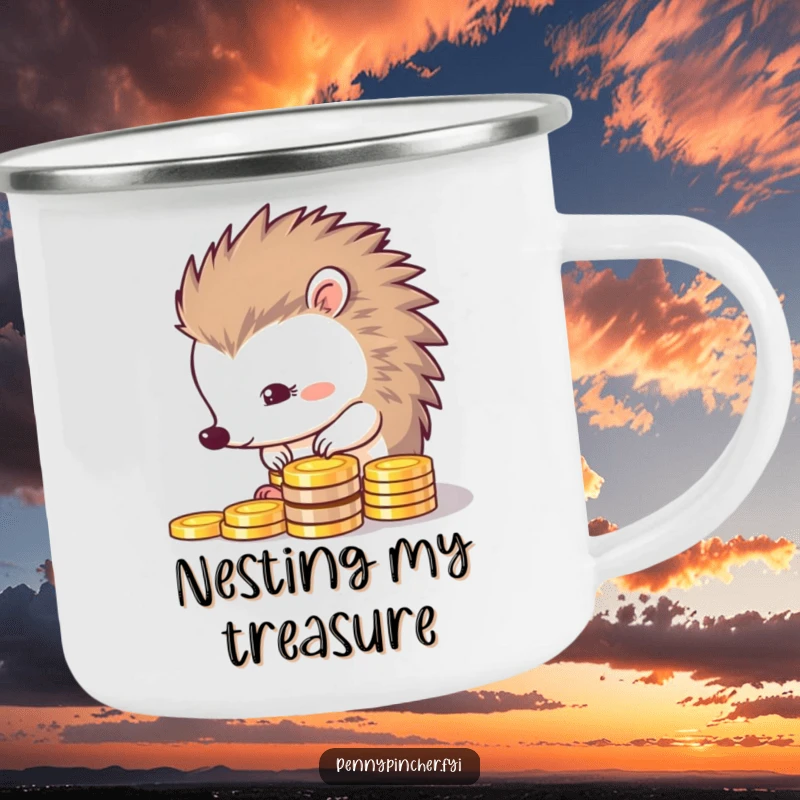 Funny camping mug illustration of a thrifty hedgehog meticulously arranging shiny coins, perfect for the organized outdoors person.