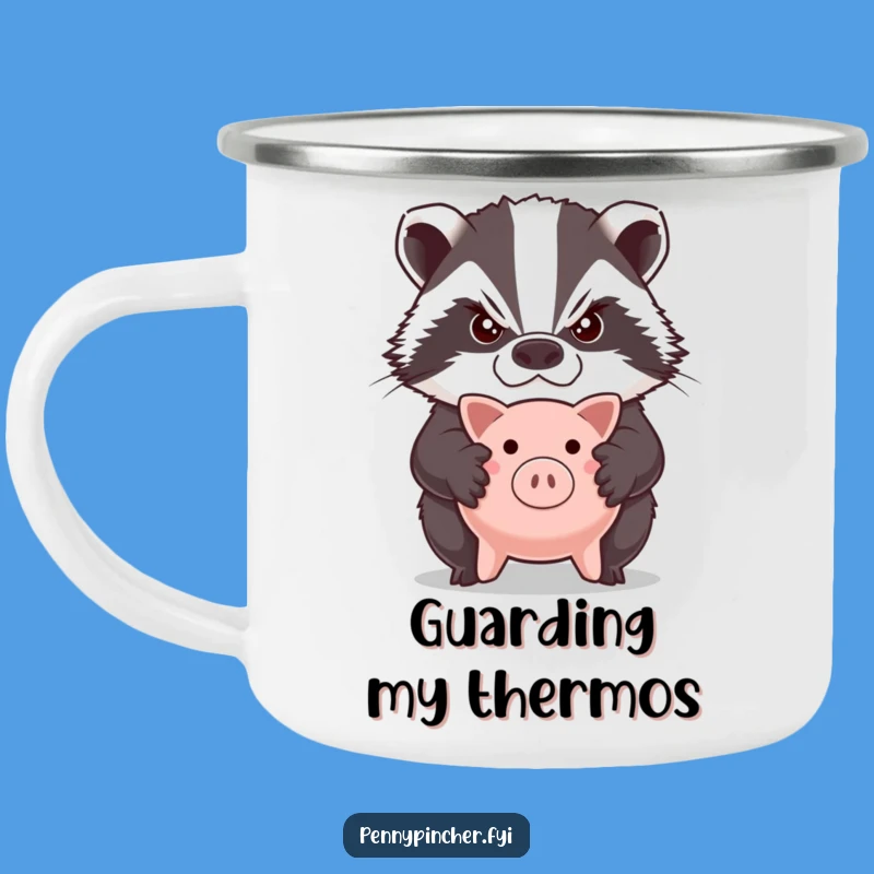 Funny Grumpy Badger Piggy Bank Camping Mug: Adventure Fuelled by Protection
