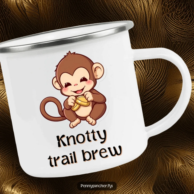 Funny Camping Mug with a playful monkey character trying to knot a coin, ideal for outdoor challenges.