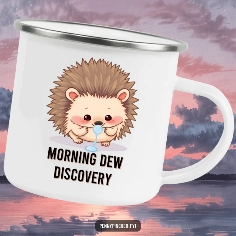 Funny camping mug showing a curious hedgehog carefully examining a single dewdrop, perfect for outdoor contemplation and drinks.