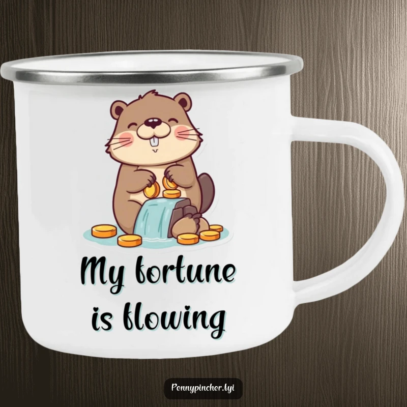 Funny camping mug featuring a proud beaver character building a dam from coins, bringing humor to outdoor coffee or tea breaks.