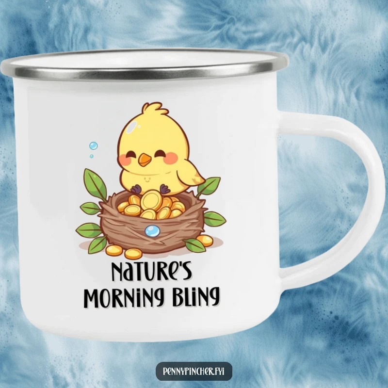 Funny camping mug featuring a bird character carefully placing dewdrop coins into its nest, outdoorsy.