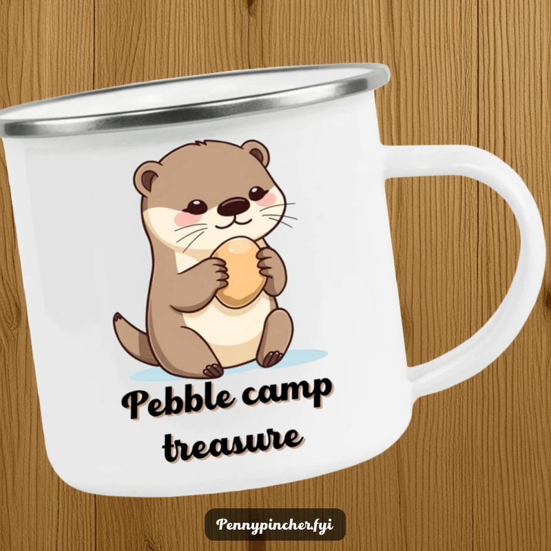 Funny otter camping mug, playfully clutching a single, smooth pebble, ready for outdoor adventures with a humorous, possessive flair.