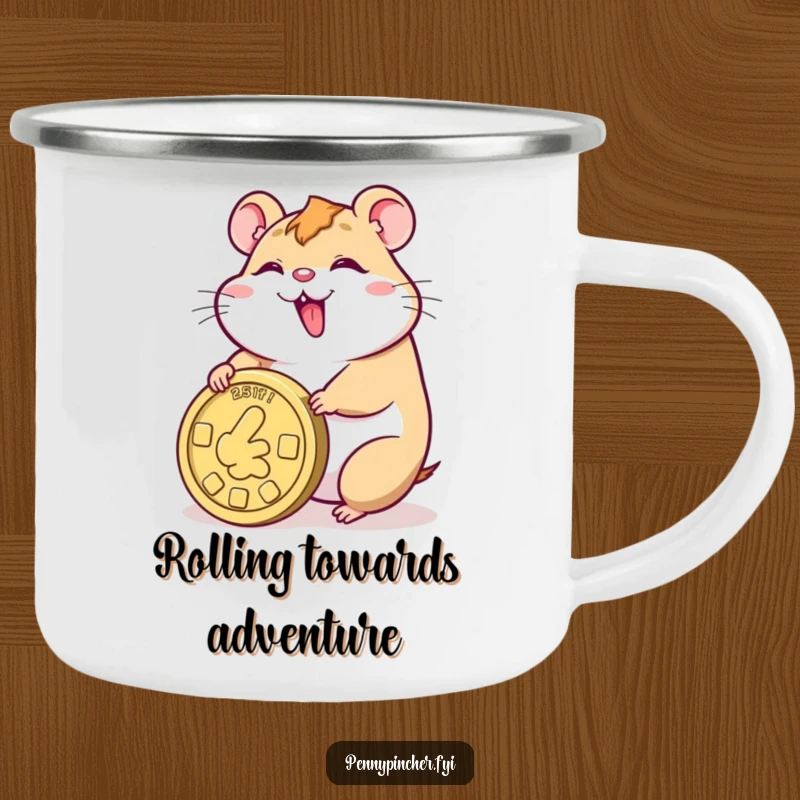 Funny camping mug with a smiling hamster character joyfully rolling a giant coin, perfect for your next outdoor escapade.