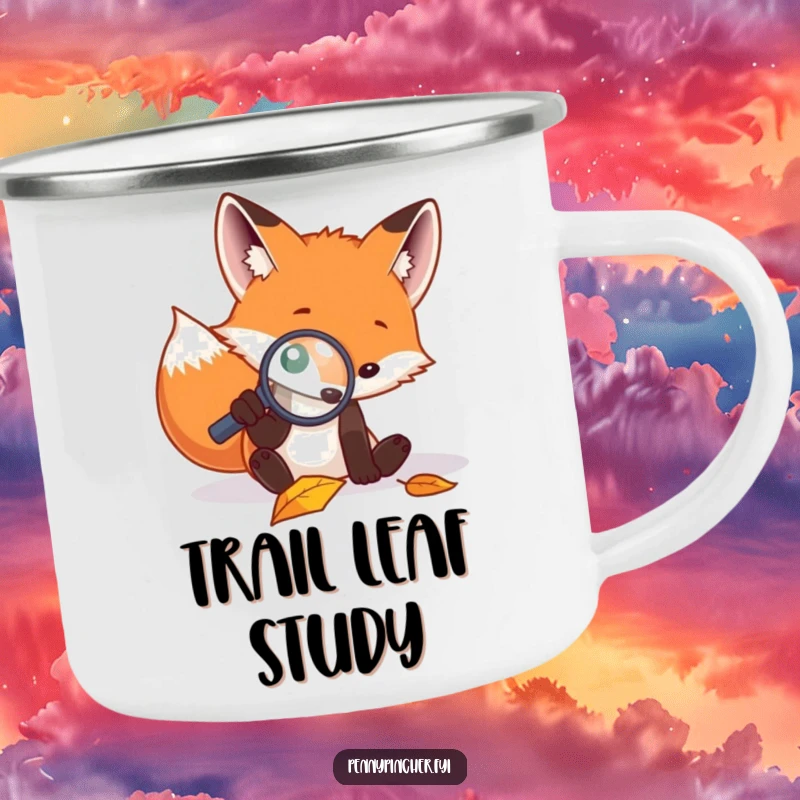 Funny camping mug showing a focused fox examining a fallen leaf with a magnifying glass, perfect for outdoor exploration.