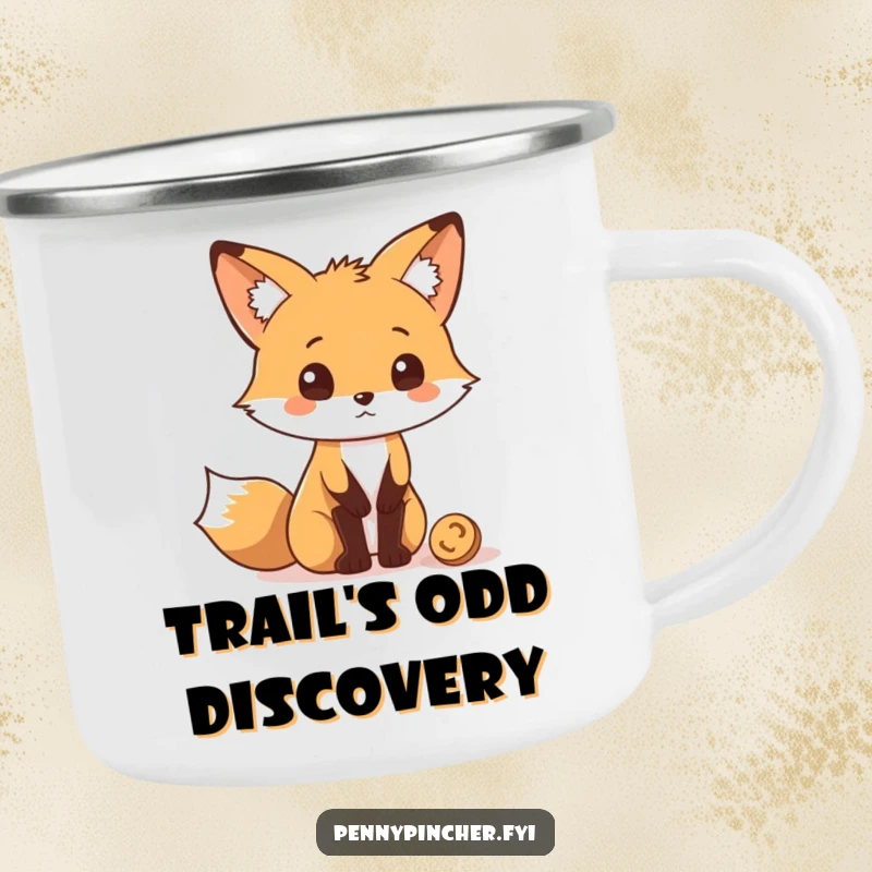 Funny Camping Mug with a curious fox character looking at a coin, ideal for outdoor contemplation.