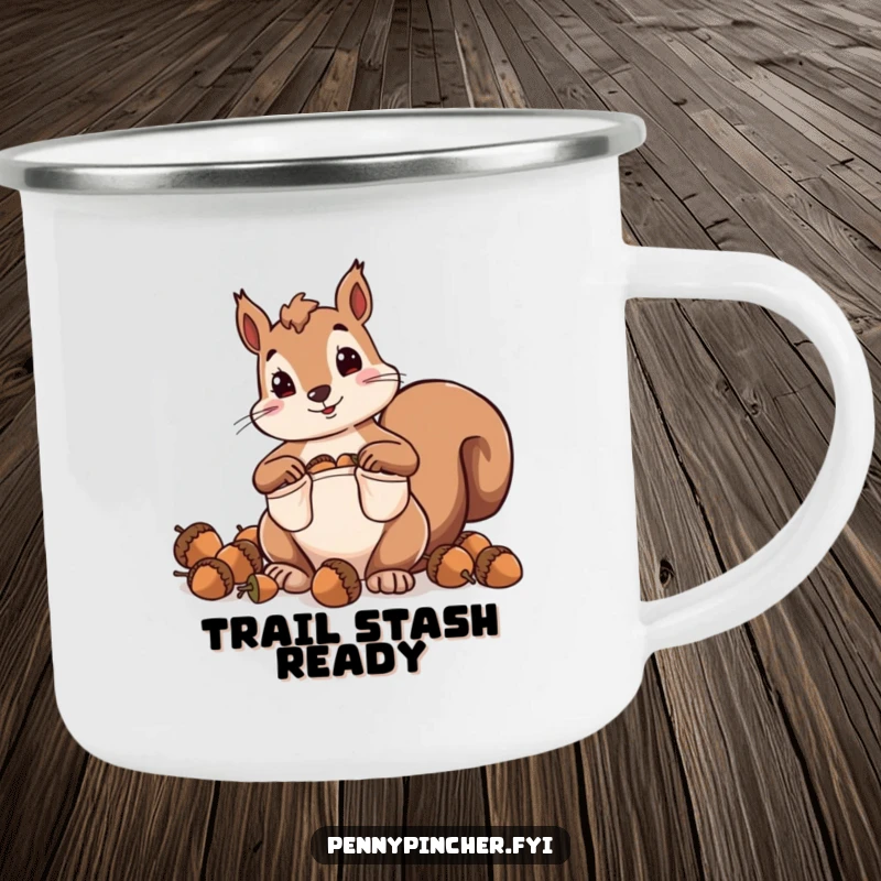 Funny camping mug featuring a squirrel character hoarding acorns with comically oversized pockets, ready for outdoor enjoyment.
