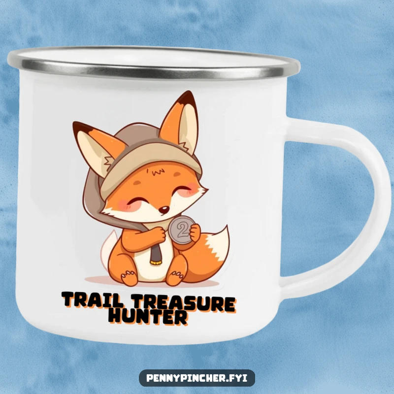 Funny Kawaii fox camping mug featuring a resourceful character examining a single coin, designed for durability and outdoor humor.