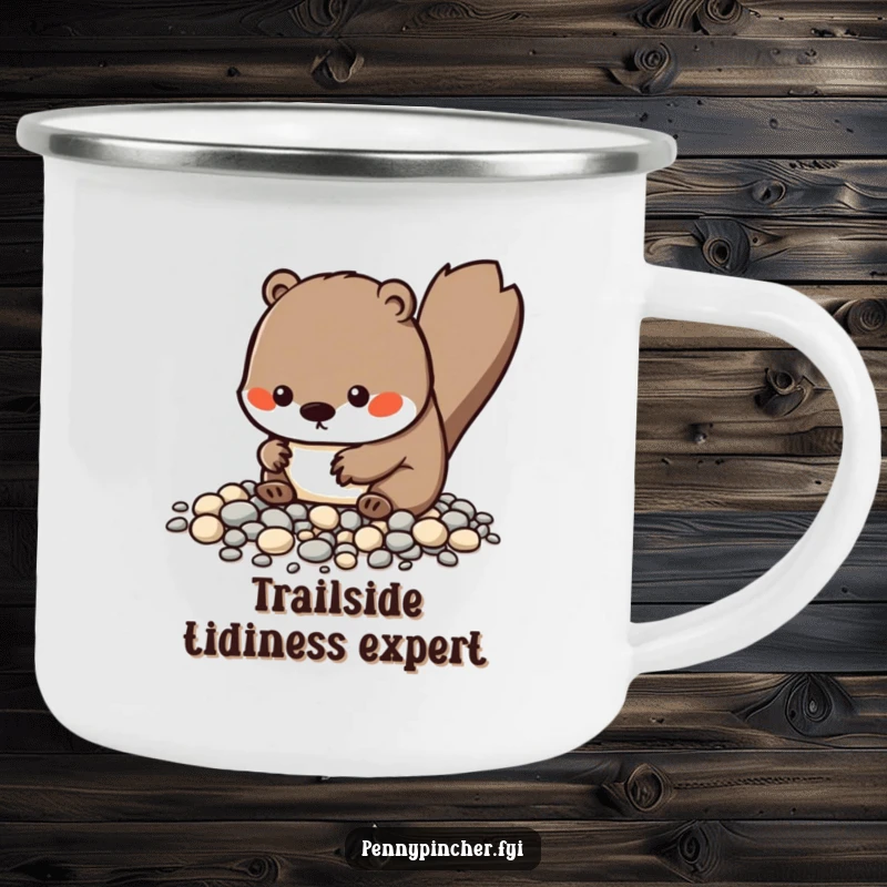 Funny Kawaii beaver camping mug featuring a meticulous pebble-organizing character, designed for durability and outdoor humor.