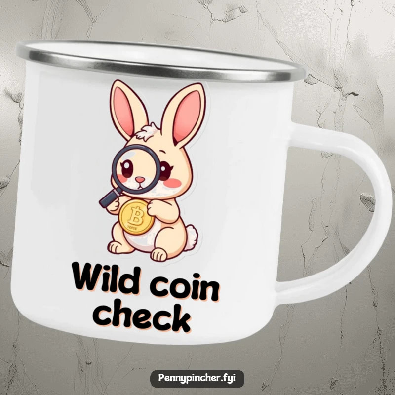 Funny rabbit camping mug with a curious rabbit inspecting a coin with a magnifying glass, perfect for outdoor enthusiasts with a sense of humor.