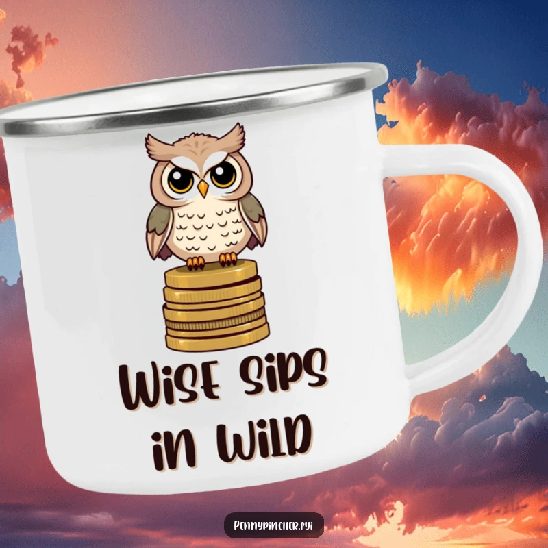 Funny camping mug with a watchful owl character perched on antique coins, perfect for your next wise adventure.