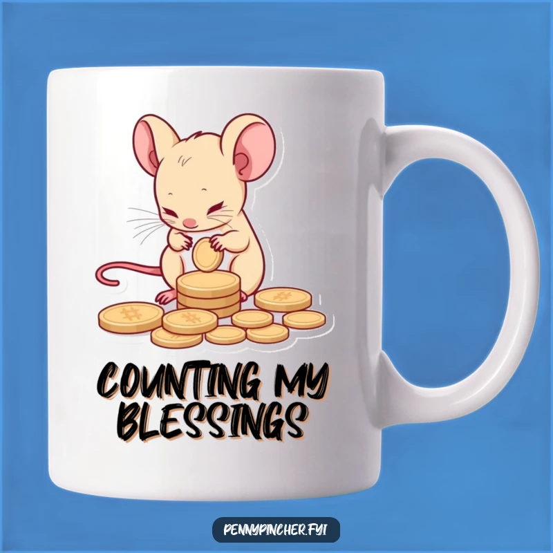 Funny Mouse Mug: Tiny Saver Counts Coin with Serious Concentration for Humor