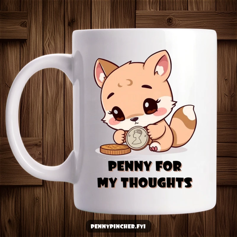 Funny curious animal character closely inspecting a shiny coin, depicted on this detailed and humorous mug.
