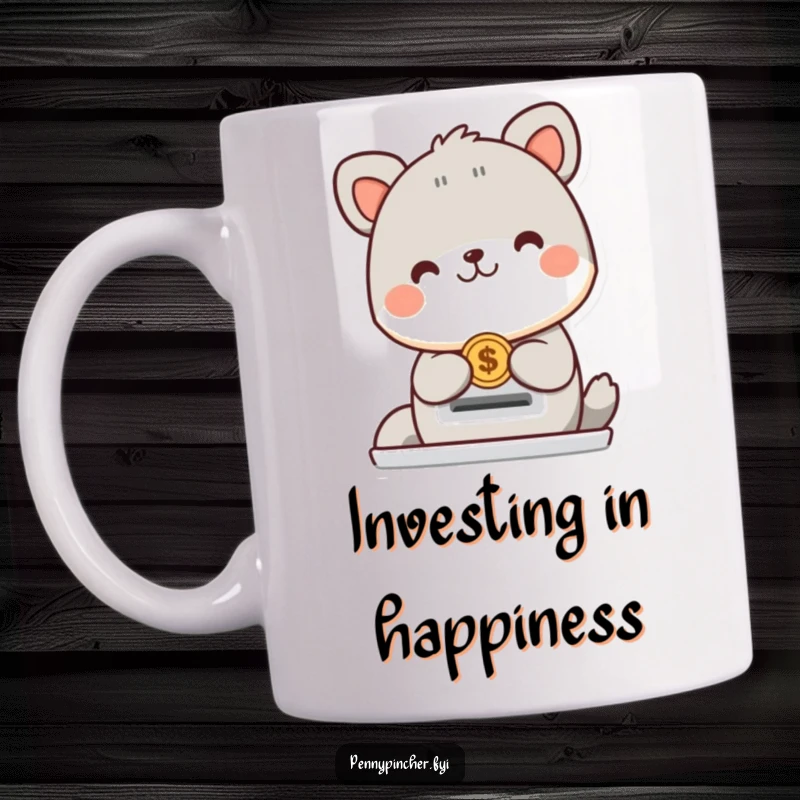 Funny animal character mug depicting a cheerful creature happily placing a coin into a slot, perfect for optimists and savers.