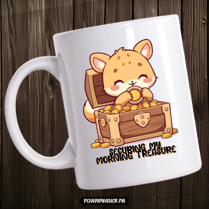 Funny animal character mug depicting a careful creature locking a treasure chest overflowing with shiny coins, perfect for savers and collectors.