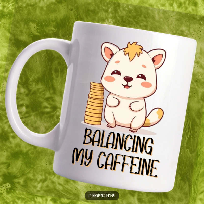Funny Mug: A determined animal character skillfully balances a tall stack of shiny coins on its nose.