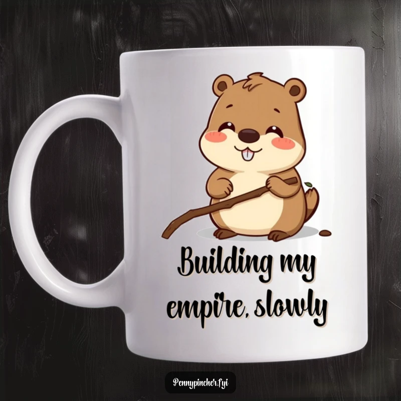 Funny mug featuring a smiling beaver character meticulously measuring a small twig with a ruler, showcasing its precise building skills.