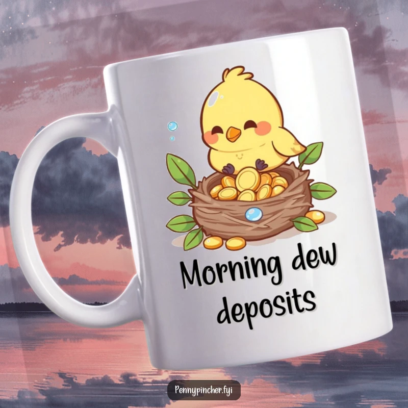 Funny mug featuring a bird character carefully placing shining dewdrop coins into its cozy nest, charming.