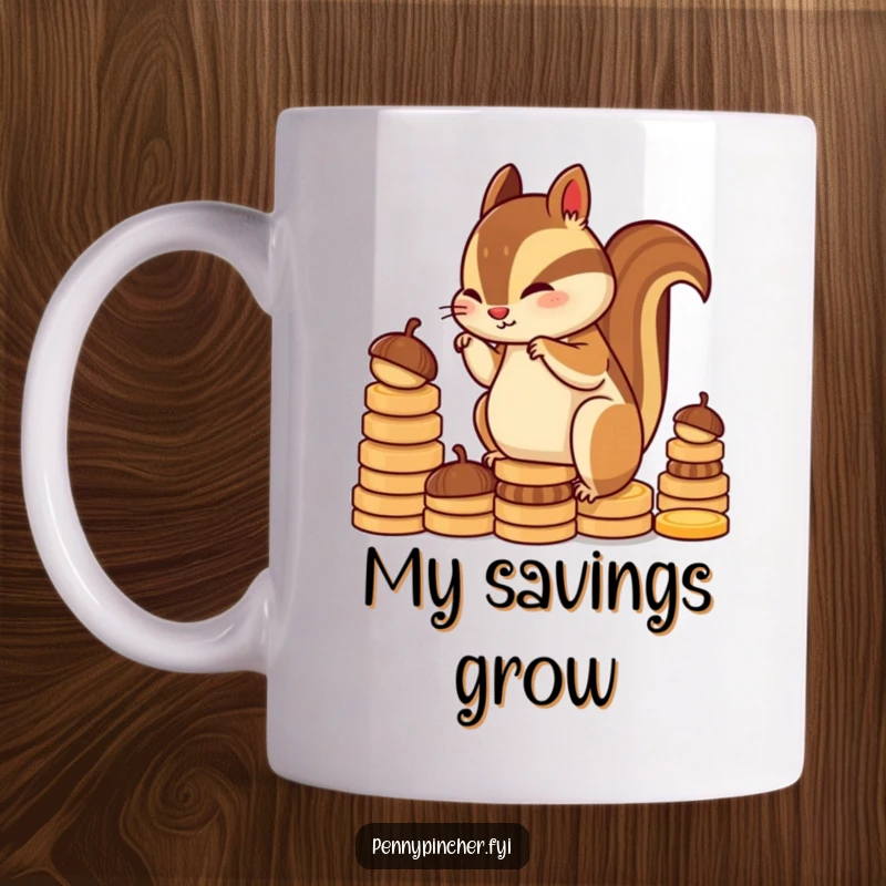 Funny chipmunk character mug, diligently stacking acorns into coin shapes, conveying industriousness and a humorous approach to saving.