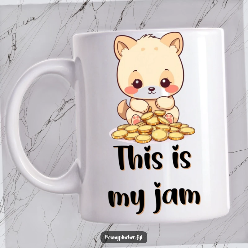 Funny mug, animal character meticulously counting shiny coins, symbolizing carefulness and financial attention with a humorous expression.