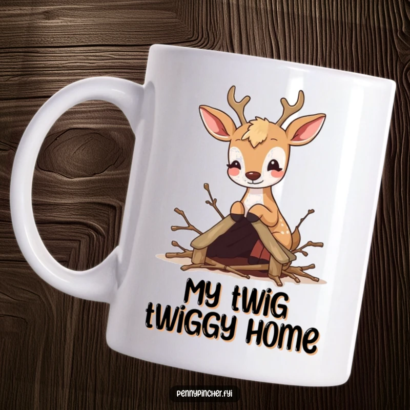Funny mug featuring a bouncy deer diligently crafting a miniature shelter from twigs, showing off its amazing building skills.
