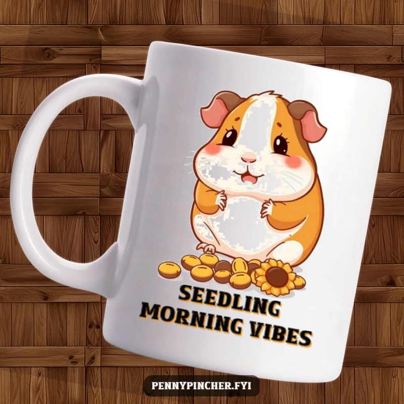 Funny guinea pig mug, a contented character meticulously arranging sunflower seeds, cute and humorous for snack lovers.