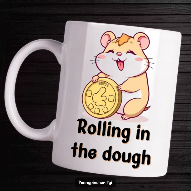 Funny mug featuring a smiling hamster character joyfully rolling a giant gold coin, symbolizing good fortune and happiness.