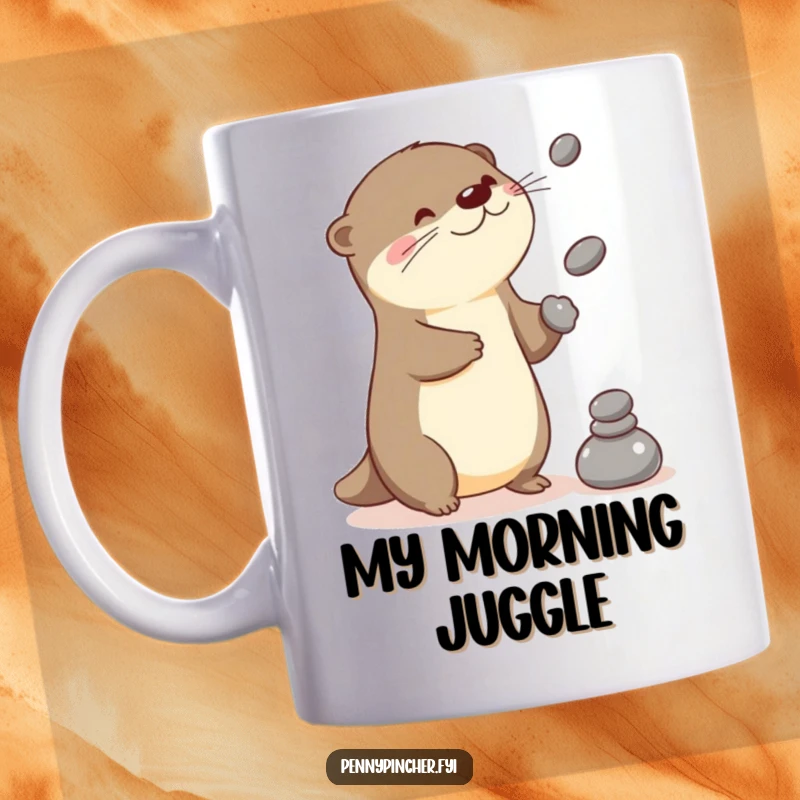 Funny otter mug with a playful Kawaii character skillfully juggling three small, round stones, radiating fun.