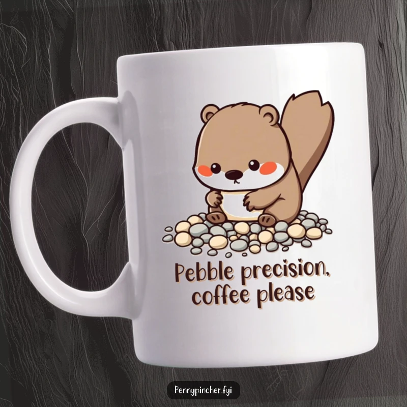 Funny Kawaii beaver mug with a character obsessively organizing tiny pebbles, showcasing its neat and tidy personality, a delightful gift.