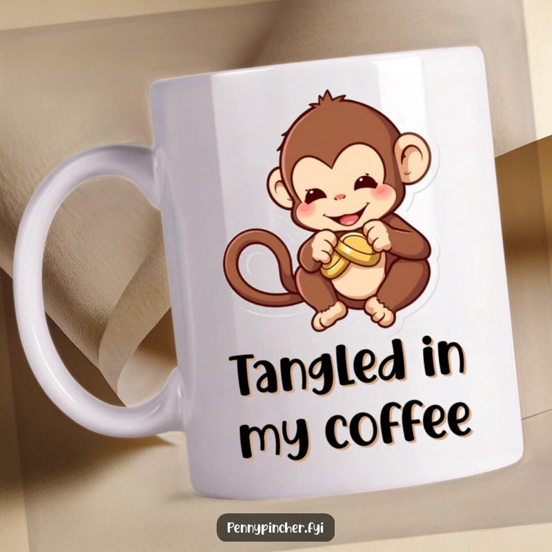Funny Mug featuring a mischievous monkey character attempting to tie a knot in a coin, showcasing playful struggle.