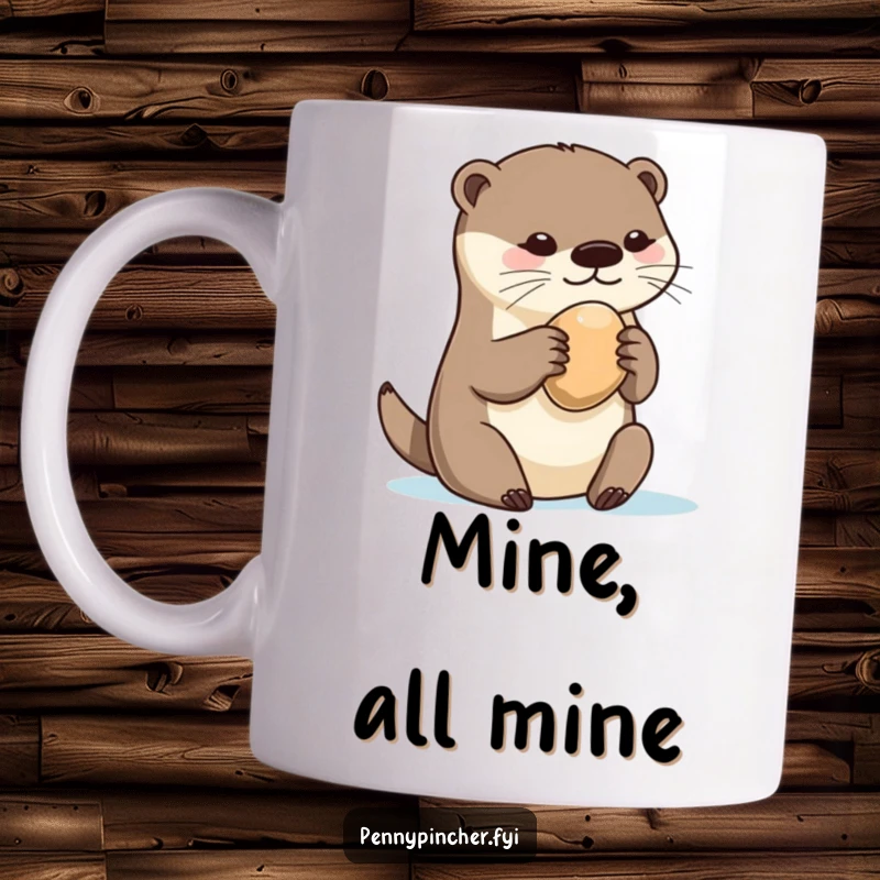 Funny otter mug, possessively clutching a single, smooth pebble with a delighted expression, showcasing a treasure-loving personality.