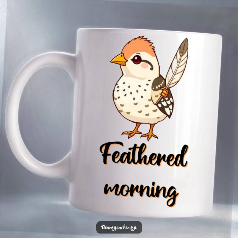 Funny quail mug, a proud character displaying a single, perfect feather with confidence, elegant and humorous gift.