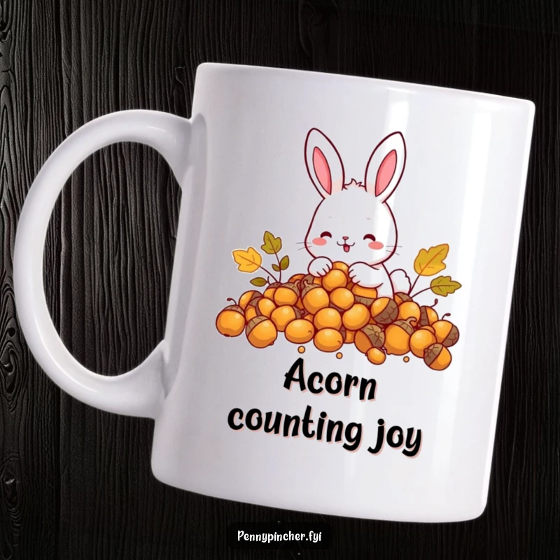 Funny Rabbit Mug: A cheerful rabbit character happily counting a large pile of shiny golden acorns with a smile.