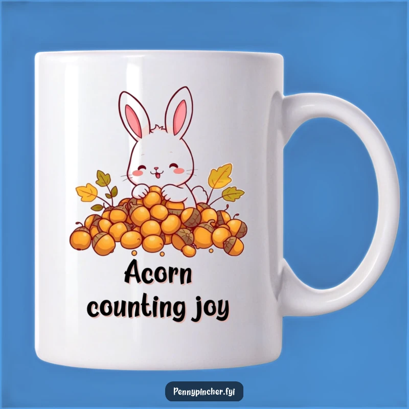 Funny Rabbit Mug: Happy rabbit w/ acorns, a perfect funny bounty gift.