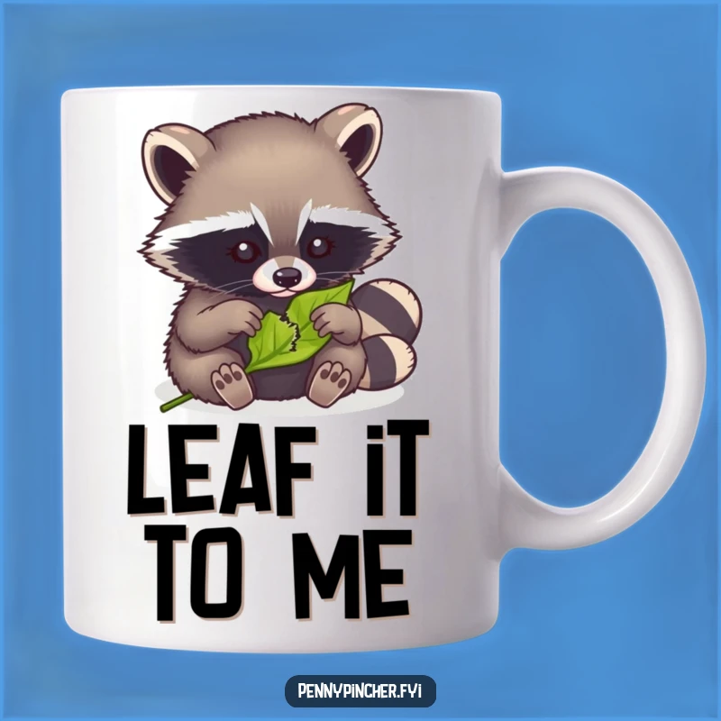 Funny Raccoon Mending Mug: Clever critter fixing a leaf, a funny gift for meticulous friends.