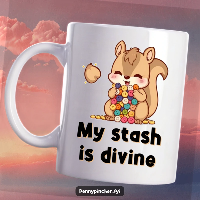 Funny mischievous squirrel with cheeks stuffed full of shiny buttons, a humorous and collectible mug design.