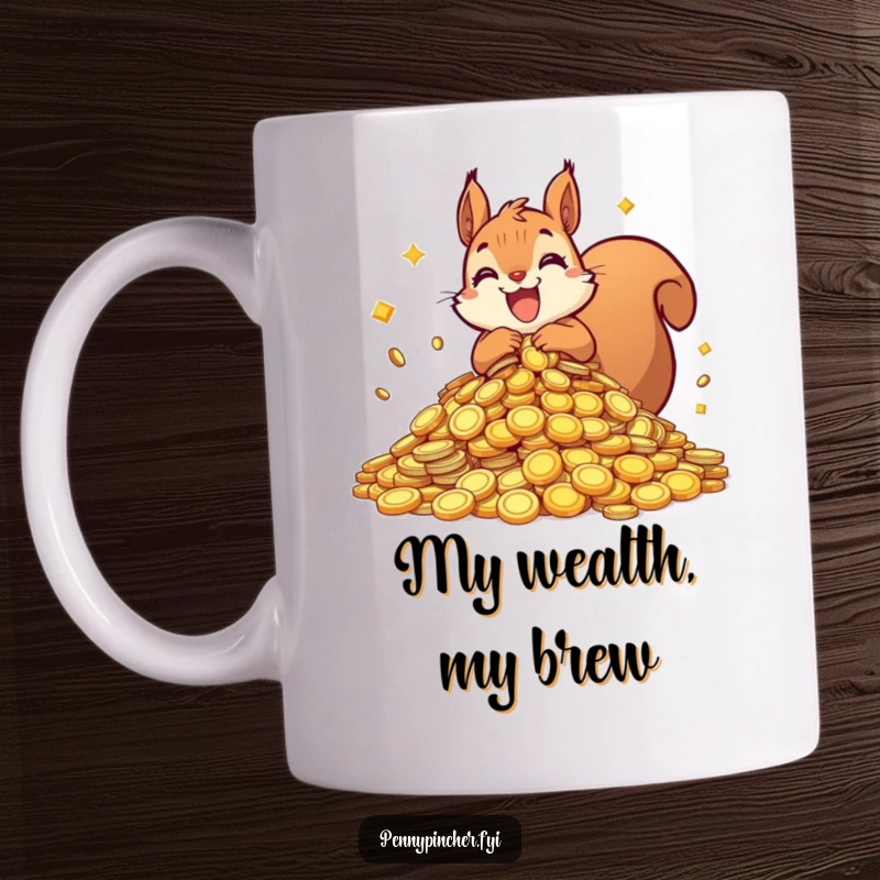 Funny squirrel mug showing an ecstatic squirrel gleefully guarding a massive pile of shiny coins, symbolizing wealth and abundance.
