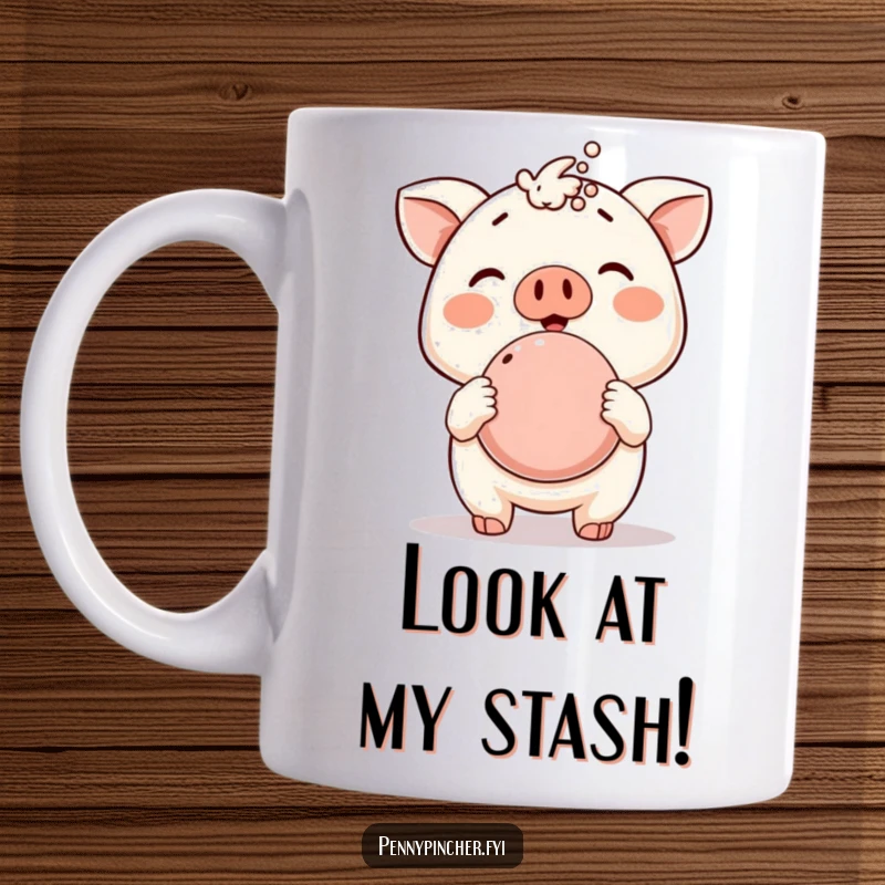 Funny mug, animal character proudly showing off a tiny piggy bank overflowing with coins, symbolizing financial success and joy.