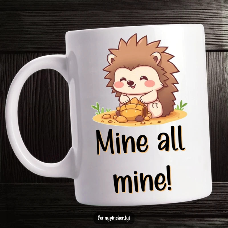 Funny Hedgehog Mug: A tiny, cheerful hedgehog fiercely guards a pile of shiny treasure, looking proud. The ultimate funny gift for hoarders!
