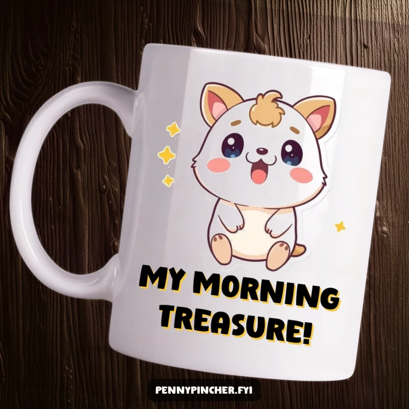 Funny surprise animal mug, wide-eyed and grinning with a discovered coin, a hilarious moment of unexpected wealth.